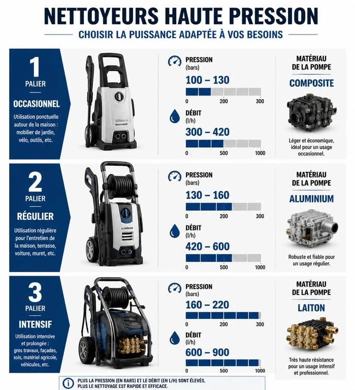 Infographie comparative des nettoyeurs haute pression : choisir selon la pression, le débit et le matériau de la pompe