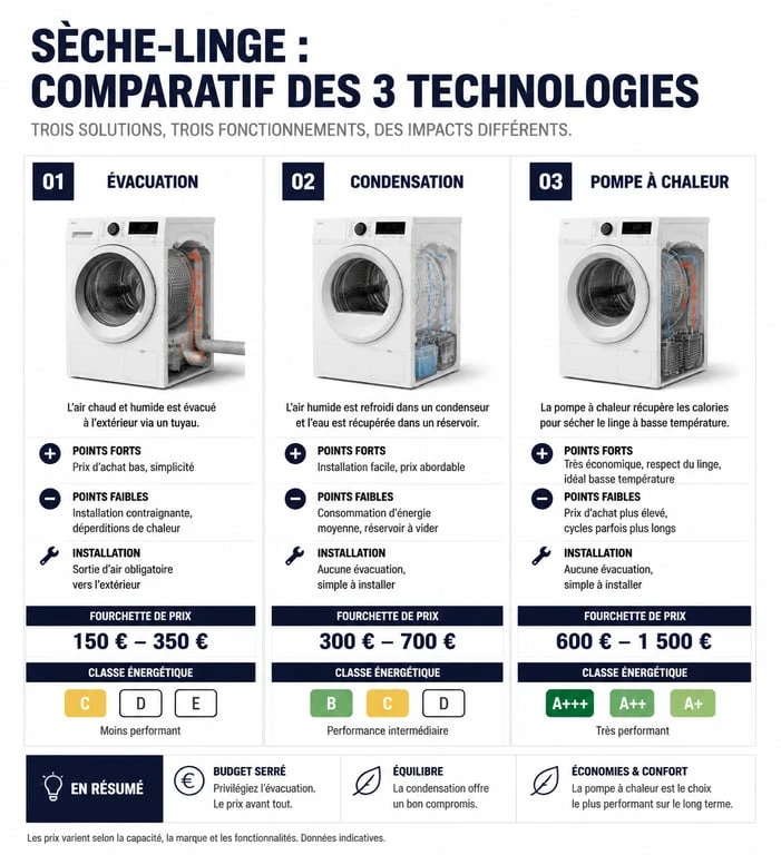 Infographie comparative des prix et de la consommation énergétique des différents types de sèche-linge