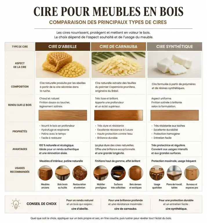 Comparatif des meilleures cires pour meubles en bois : cire d'abeille, carnauba et synthétique