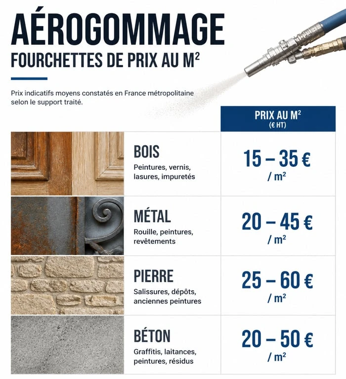 Infographie des prix moyens de l'aérogommage au m2 par type de support