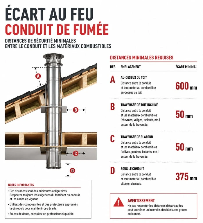 Schéma des distances de sécurité pour l'installation d'un conduit de fumée selon la norme DTU 24.1