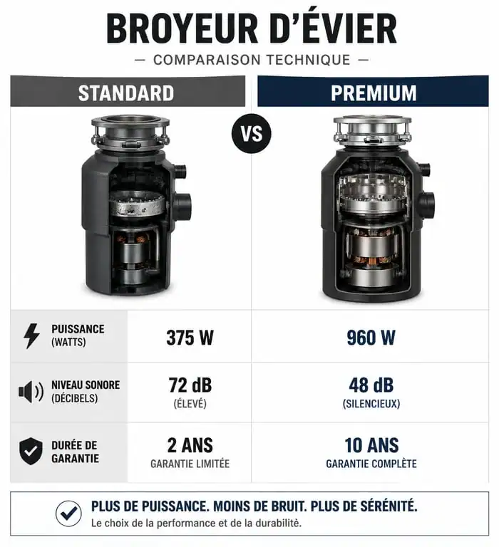 Comparatif technique des modèles de broyeur pour évier standard et premium
