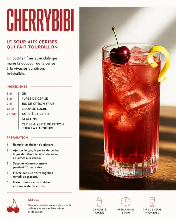 Cocktail Cherrybibi à base de cherry brandy liqueur, servi avec une cerise et un zeste de citron.