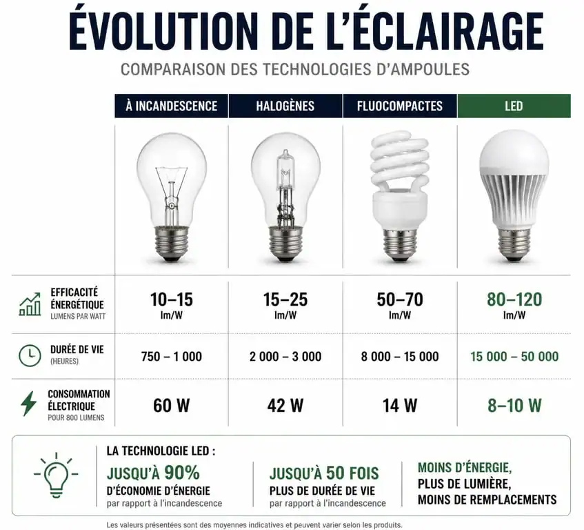Infographie comparative des technologies d'ampoules économiques : LED vs fluocompacte vs incandescence