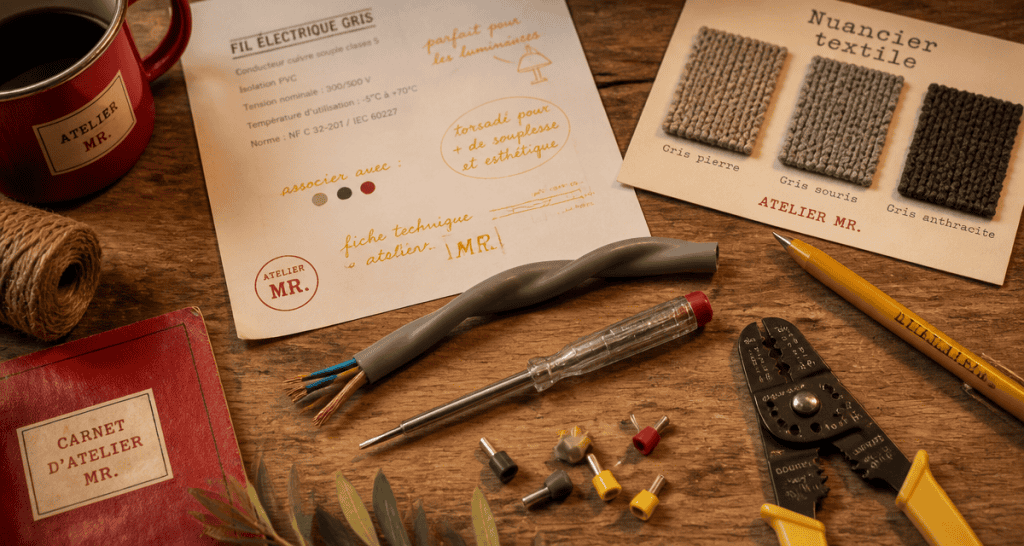 fil electrique gris sur plan de travail avec outils