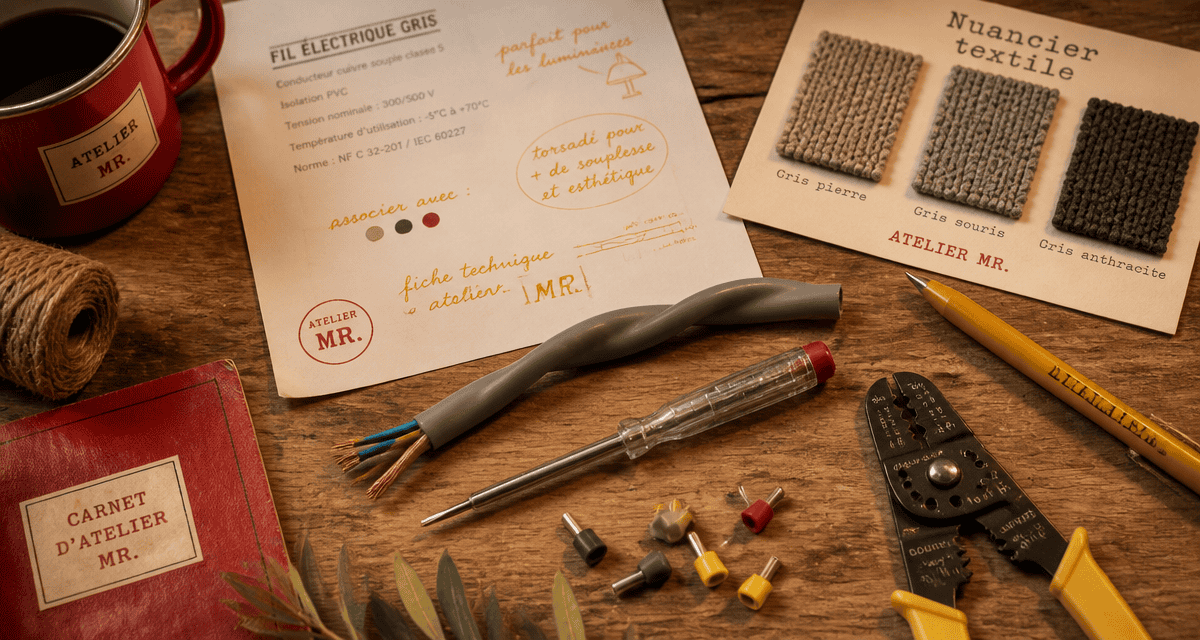 fil electrique gris sur plan de travail avec outils