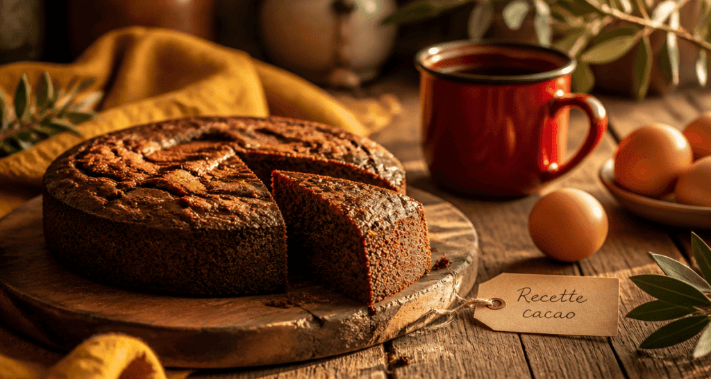 Gateau cacao moelleux tranche sur table rustique
