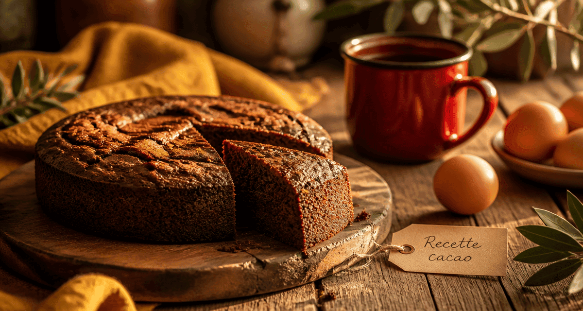 Gateau cacao moelleux tranche sur table rustique