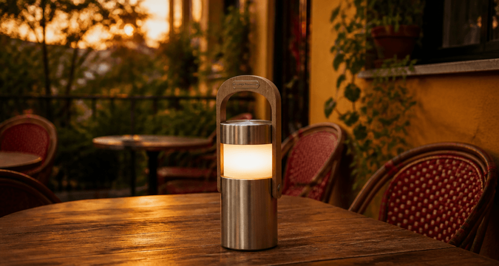 Lampe à pile métal et bois sur terrasse