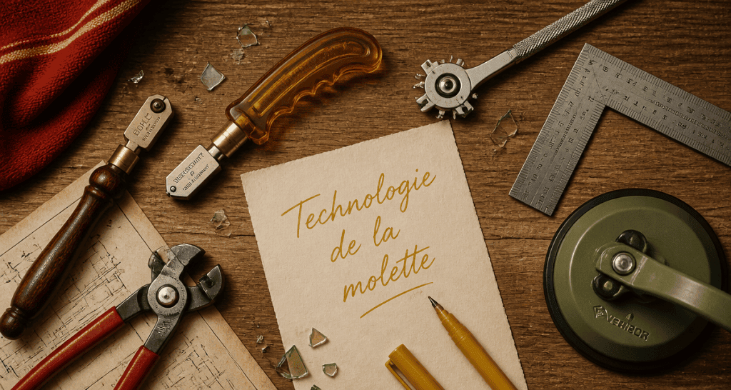 outil à couper le verre et accessoires sur plan de travail