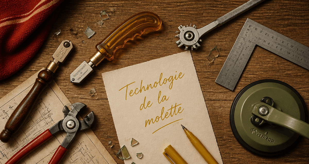 outil à couper le verre et accessoires sur plan de travail