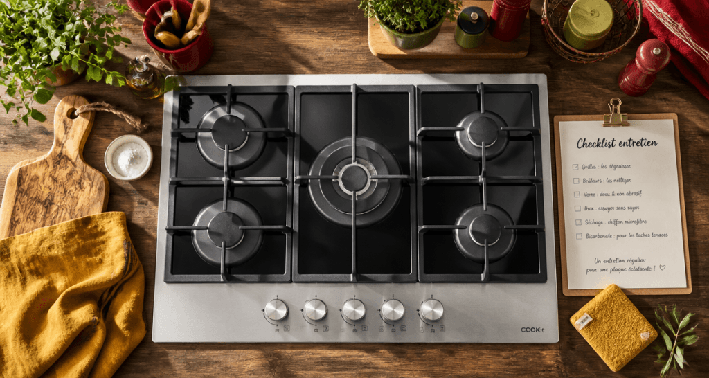 plaque de cuisson gaz 5 feux facile à nettoyer verre inox entretien