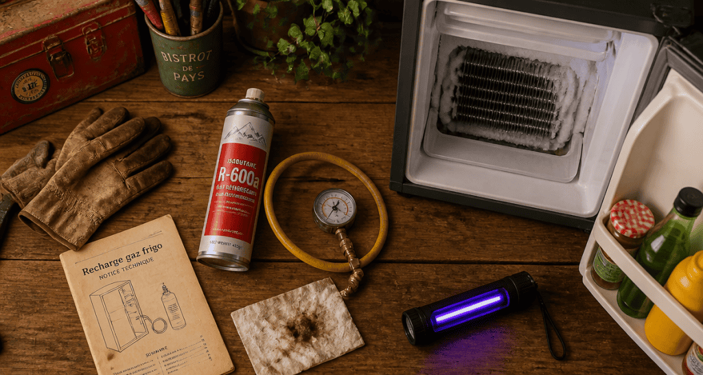 kit recharge en gaz frigo sur plan de travail avec compresseur