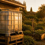récupérateur d'eau 1000L relié à une gouttière au jardin