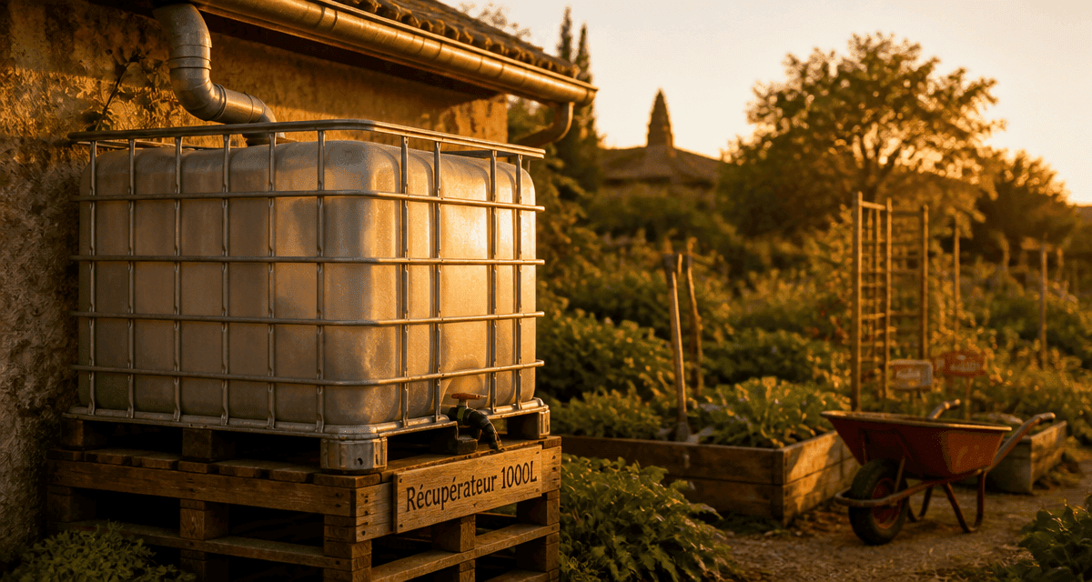 récupérateur d'eau 1000L relié à une gouttière au jardin