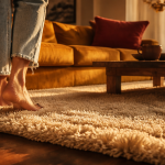 tapis doux crème sous pieds nus dans salon