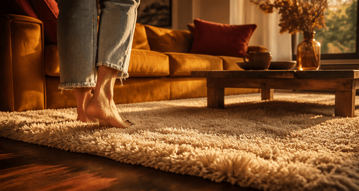 tapis doux crème sous pieds nus dans salon