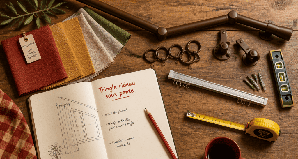Tringle rideau sous pente sur plan de travail avec accessoires