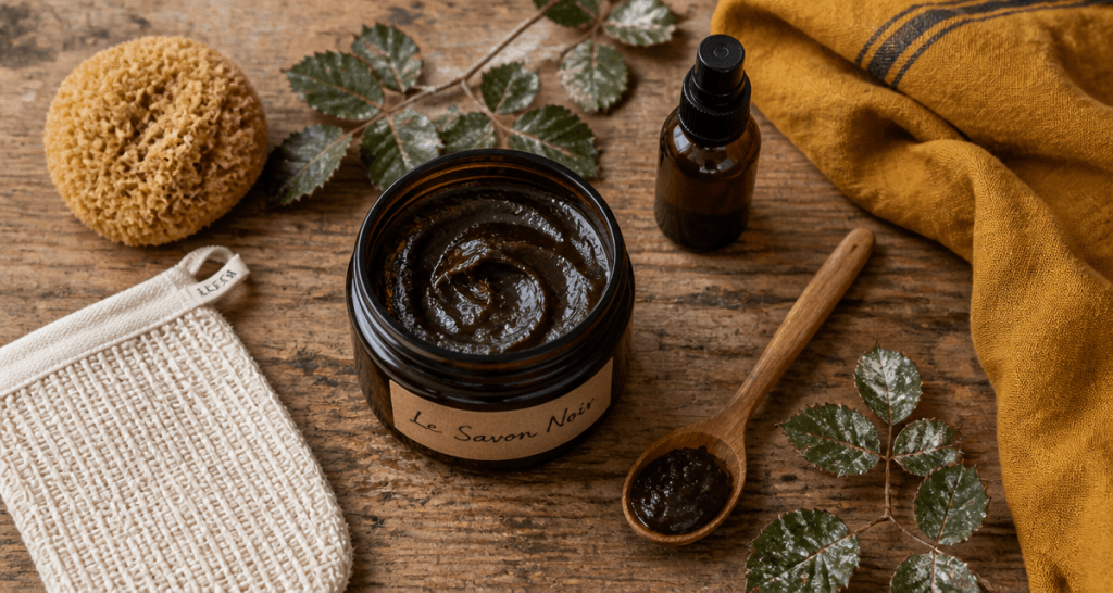 utilisation du savon noir sur surfaces en bois avec accessoires