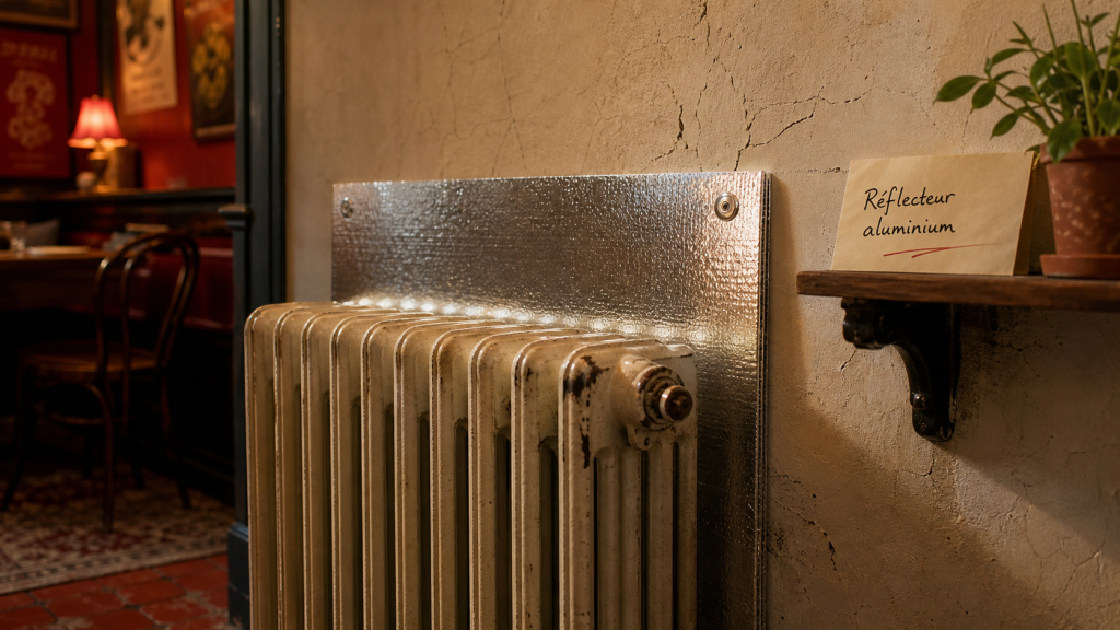 Aluminium pour radiateur : panneau réfléchissant derrière un radiateur en fonte