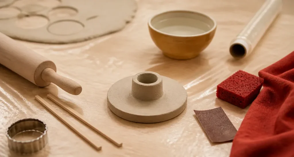 Bougeoir pate autodurcissante DIY sur toile beige, sans fissures