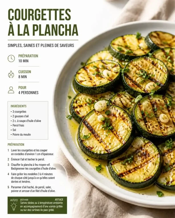 Assiette de courgettes à la plancha grillées avec ail et herbes fraîches