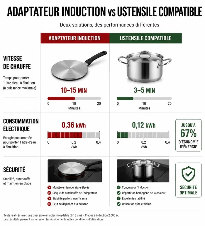 Comparatif des inconvénients et performances entre un adaptateur pour plaque à induction et un ustensile compatible