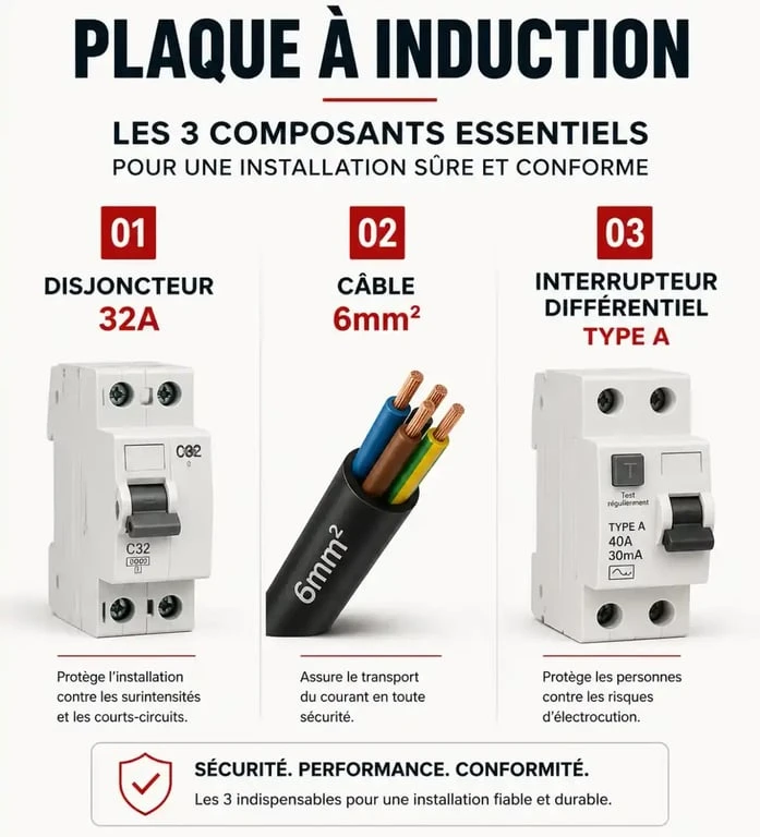 Infographie des composants requis pour le disjoncteur de plaque à induction : 32A, 6mm2 et différentiel type A
