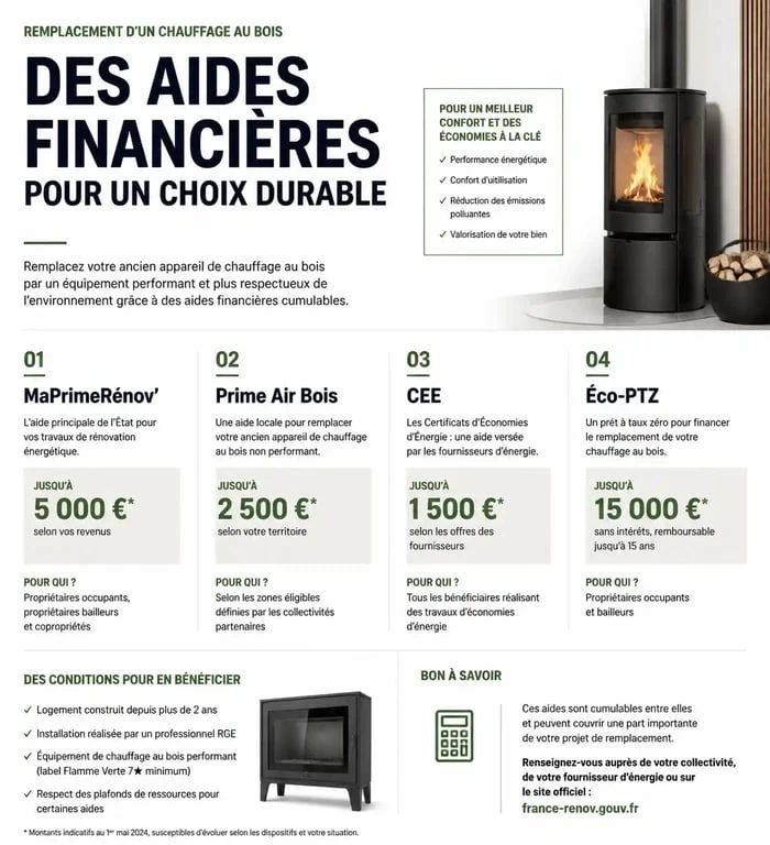 Infographie des aides financières pour le remplacement d'un chauffage au bois bientôt interdit