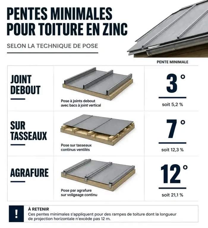 Infographie des pentes minimales pour toiture en zinc selon la technique de pose