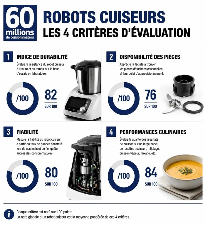 Infographie des critères d'évaluation pour le meilleur robot cuiseur selon 60 Millions de consommateurs