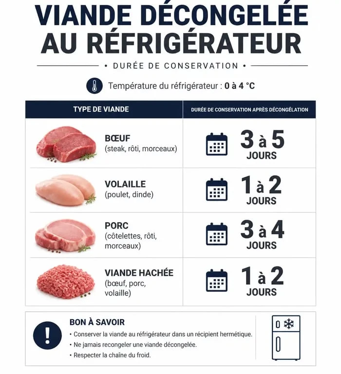 Tableau récapitulatif des durées de conservation de la viande décongelée au réfrigérateur selon le type de viande pour assurer la sécurité alimentaire.