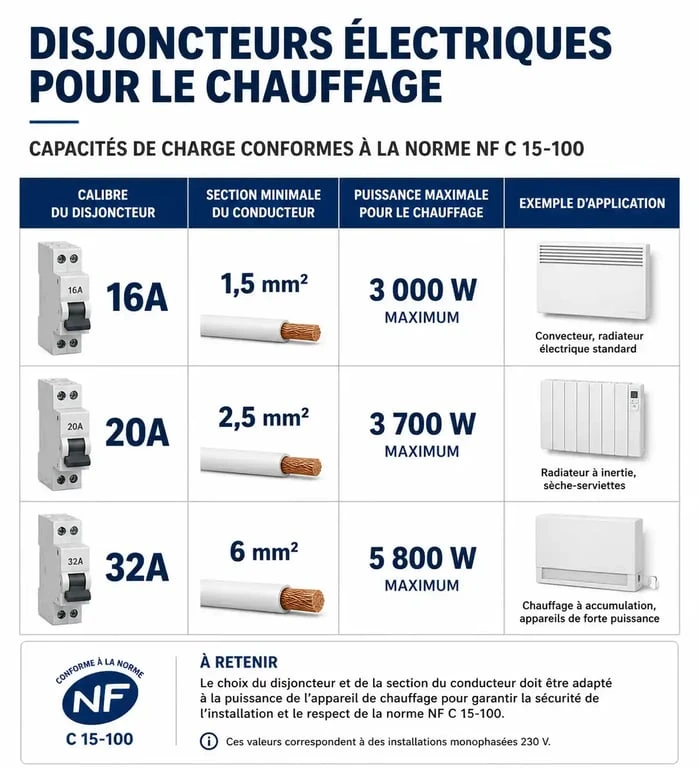 Tableau récapitulatif des capacités de disjoncteurs pour radiateurs électriques selon la norme NF C 15-100