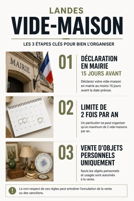 Infographie des étapes réglementaires pour organiser un vide-maison dans les Landes 40
