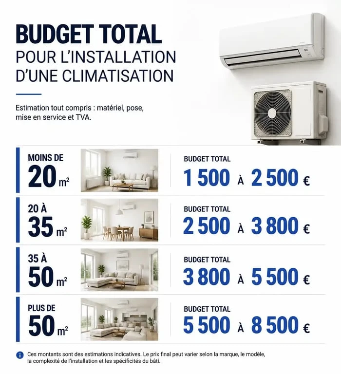 Infographie des prix de pose de climatisation Brico Dépôt selon la surface de la pièce