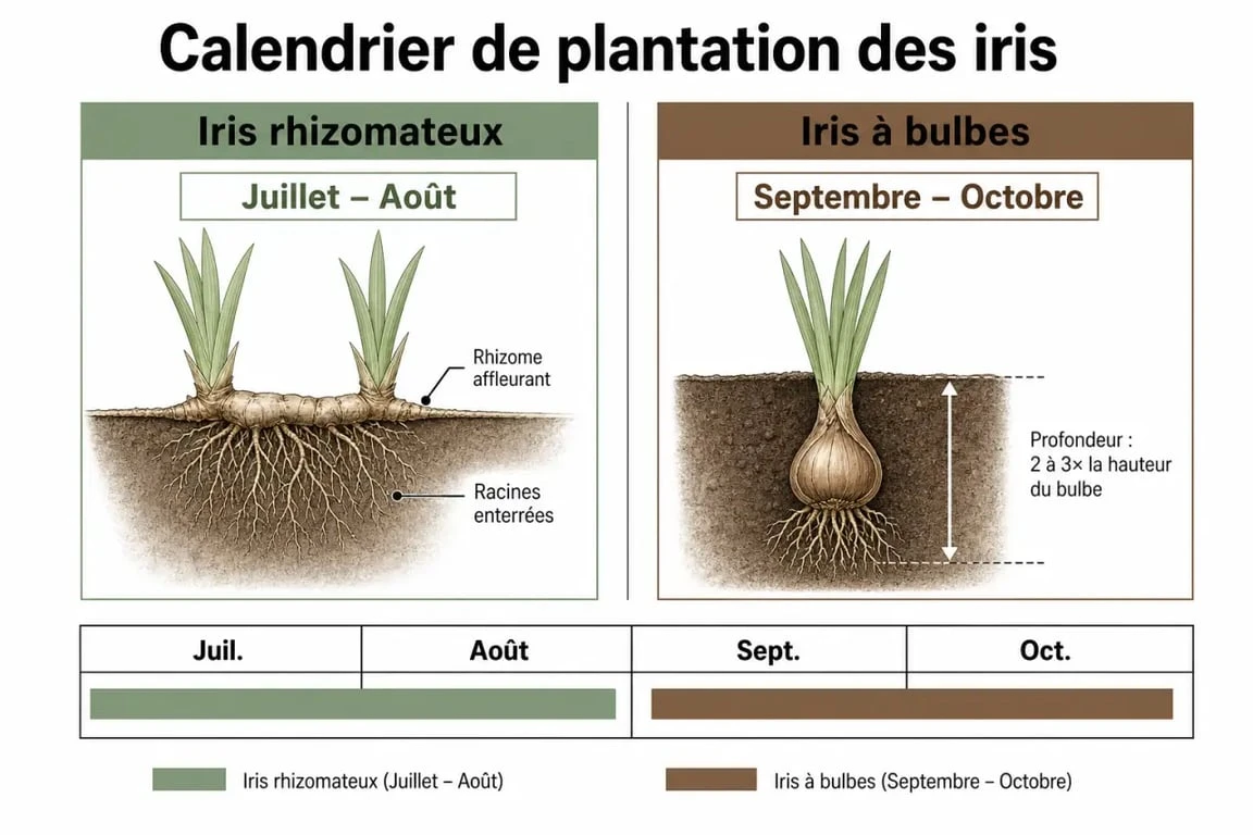 Calendrier et guide de profondeur de plantation des iris pour réussir leur culture au jardin