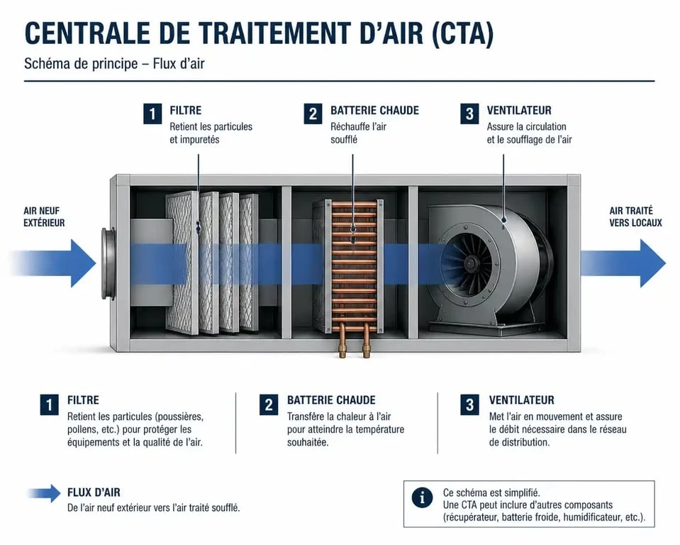 Schéma de fonctionnement d'une centrale de traitement d'air (CTA) pour le chauffage