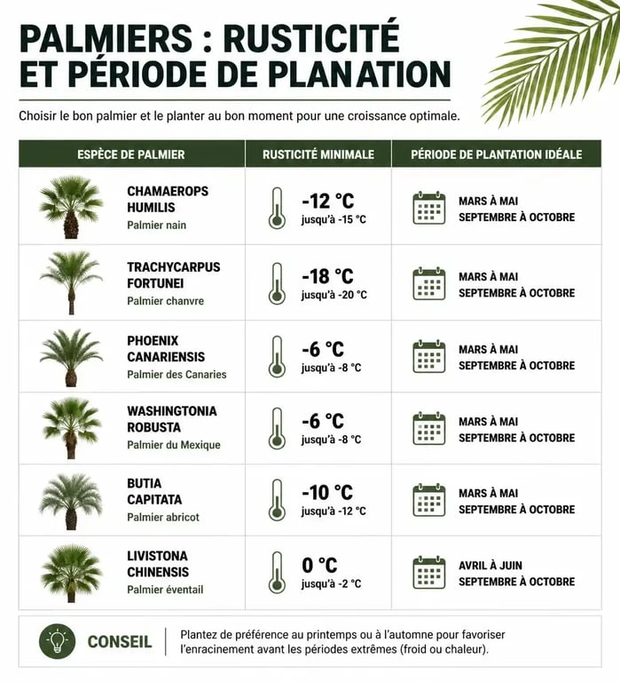Infographie comparative des espèces de palmiers, rusticité et période de plantation idéale pour réussir la culture au jardin.
