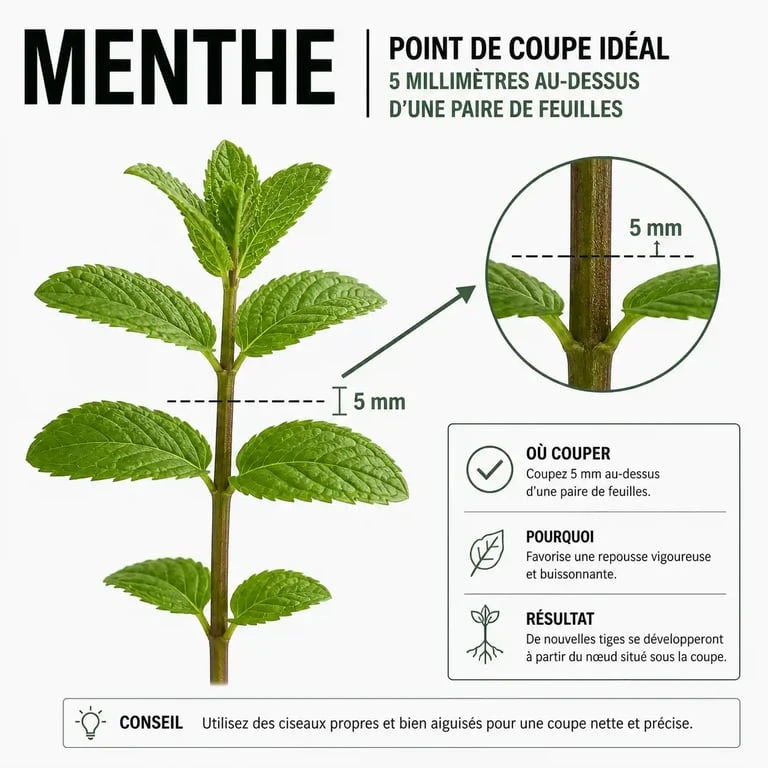 Schéma explicatif de la technique de taille de la menthe au-dessus d'un nœud