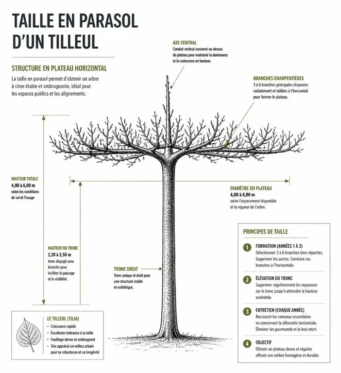 Schéma explicatif de la taille d'un tilleul en parasol pour créer un ombrage naturel