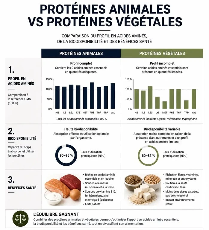 Infographie comparative des protéines végétales ou animales : différences nutritionnelles et santé