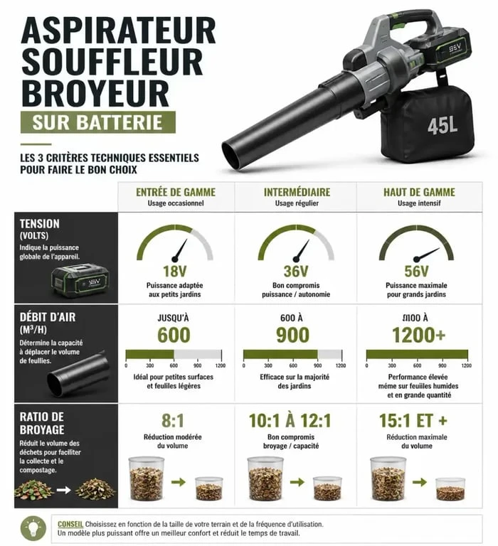 Infographie comparative des critères techniques pour choisir le meilleur aspirateur souffleur broyeur sur batterie