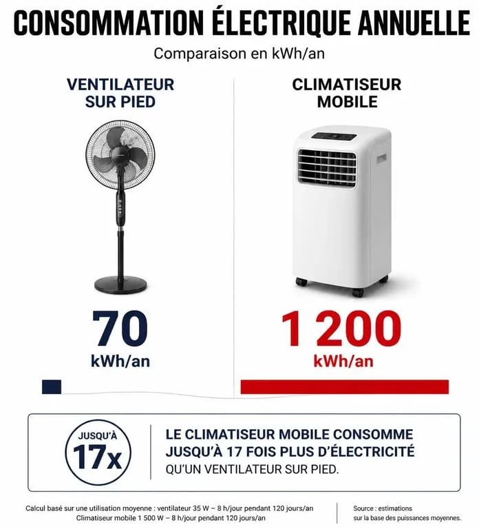 Comparaison de la consommation électrique entre un ventilateur et une climatisation pour évaluer les économies d'énergie.