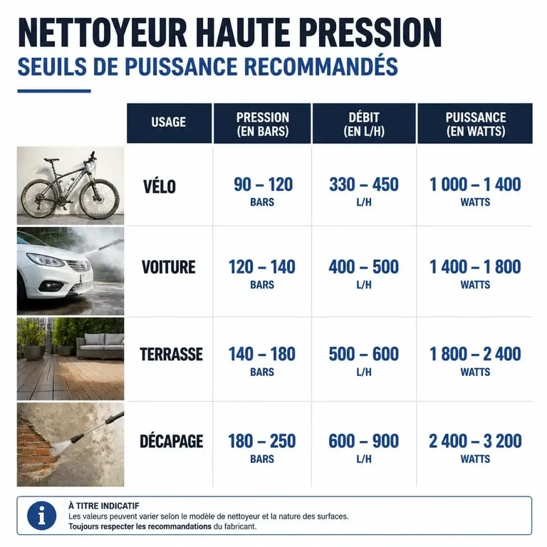 Tableau récapitulatif des puissances recommandées pour un nettoyeur haute pression Karcher selon l'usage