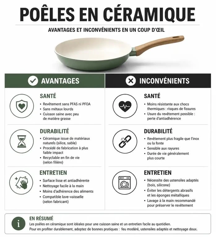 Infographie comparative des avantages et inconvénients des poêles en céramique pour la cuisine