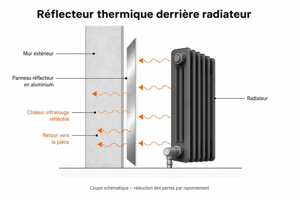 Schéma illustrant le fonctionnement de l'aluminium pour radiateur et la réflexion de la chaleur