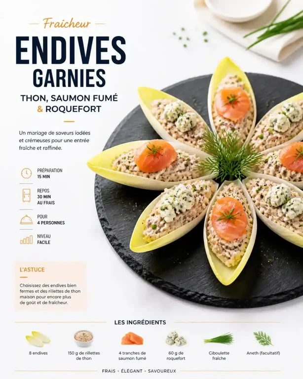 Feuilles d'endives garnies pour apéro, plateau de bouchées apéritives variées