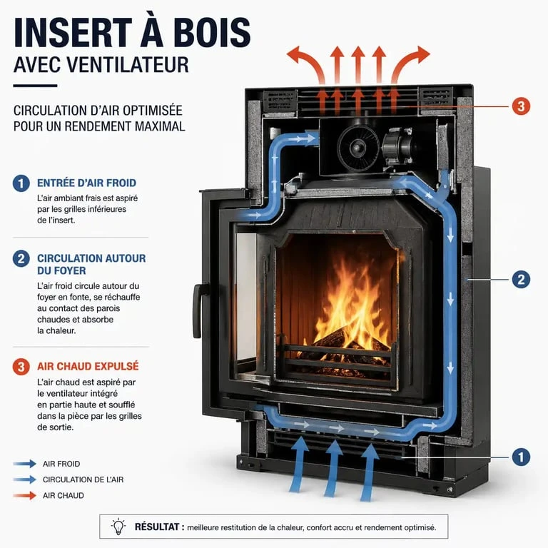 Schéma de fonctionnement d'un insert avec ventilateur pour chauffage au bois