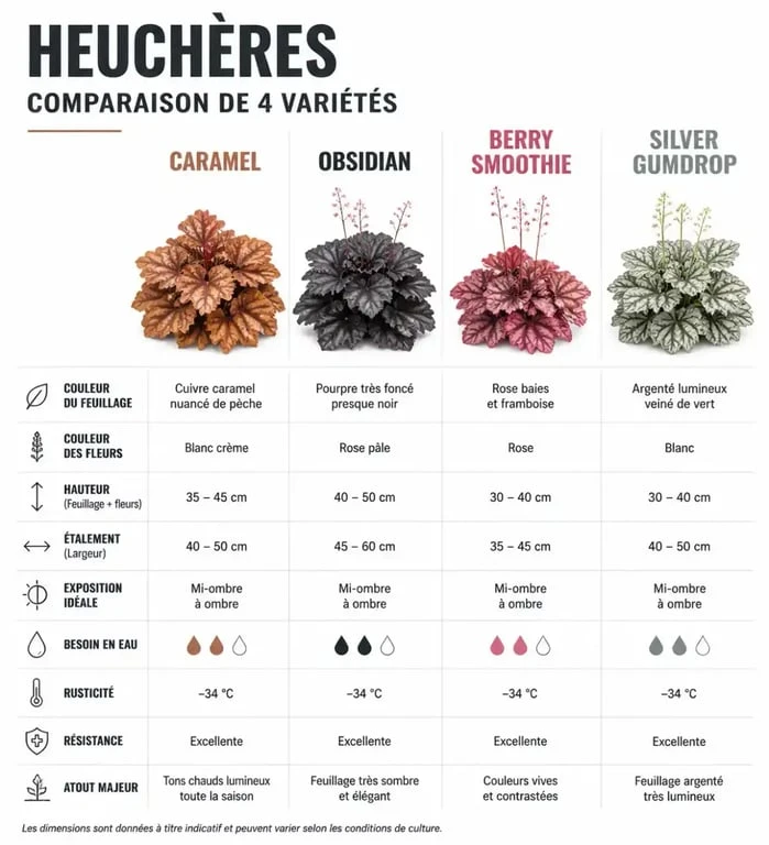 Tableau comparatif des plus belles heuchères : variétés, couleurs et expositions