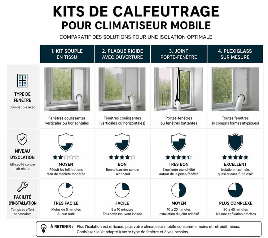 Comparatif des meilleurs kits de calfeutrage pour climatiseur mobile : souple, rigide, porte et plexiglass
